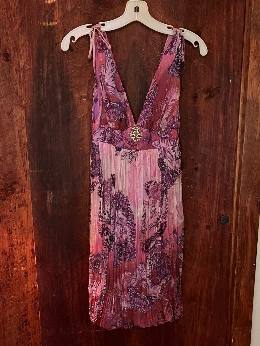 Deep V Pink Floral Pleated Mini Dress with Jeweled Waist